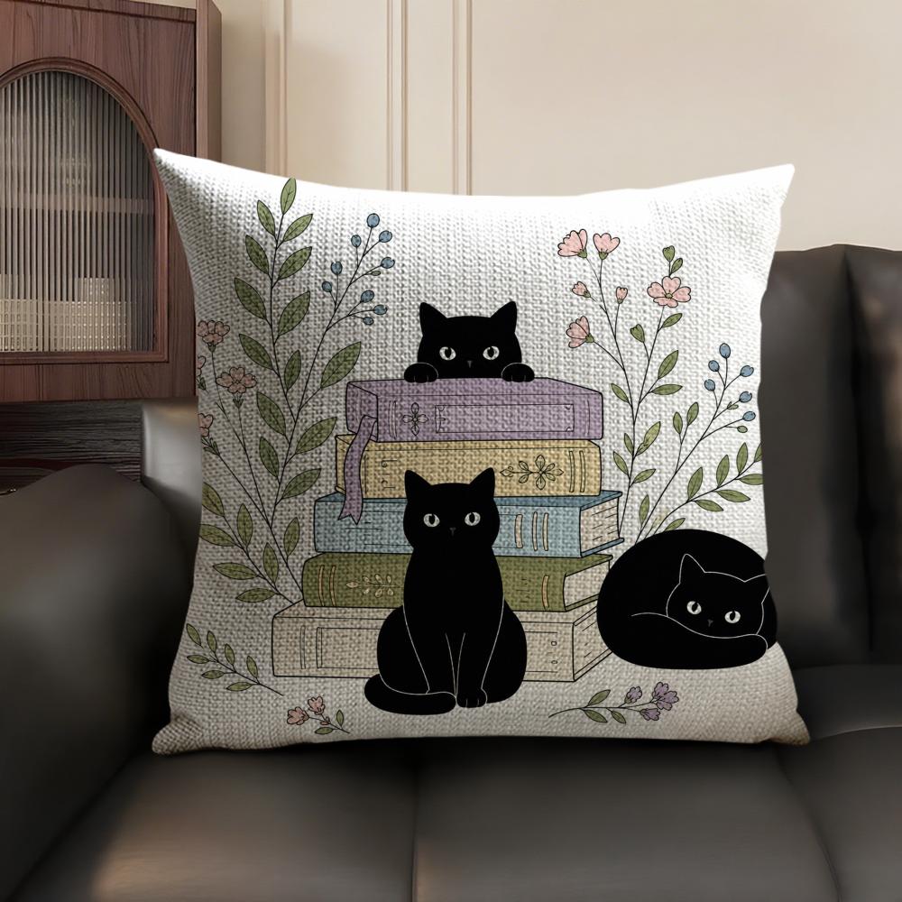 Black Cats With Books Cushion Cover Linen Organic Fabric DoubleSided Printing Sofa Breathable Home Decor Gift Pillow Case