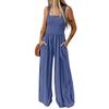 Women’s Sleeveless Wide Leg Jumpsuit Square Neck Ribbed Bodice with Adjustable Straps and Side Pockets Casual Fit