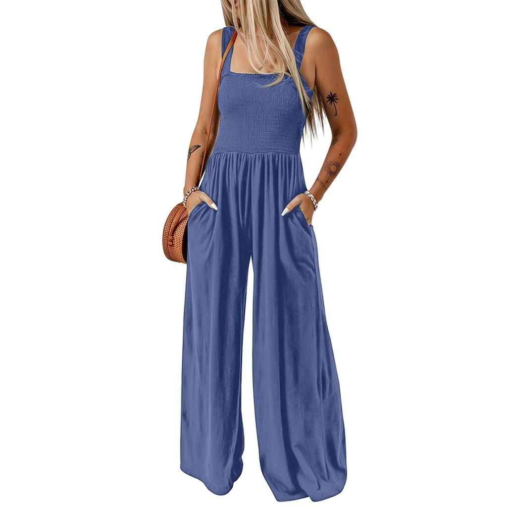 Women’s Sleeveless Wide Leg Jumpsuit Square Neck Ribbed Bodice with Adjustable Straps and Side Pockets Casual Fit