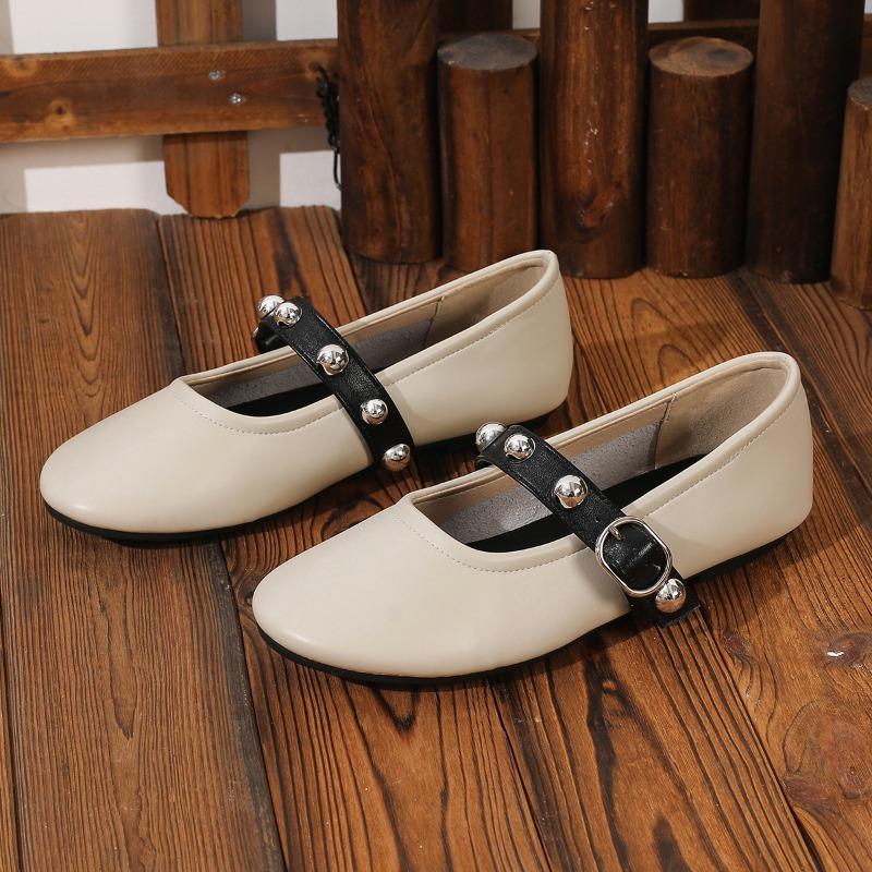 Spring and Autumn New Women's Shoes Riveted Leather Mary Jane Round Head Single Shoes Ballet Flats Cross