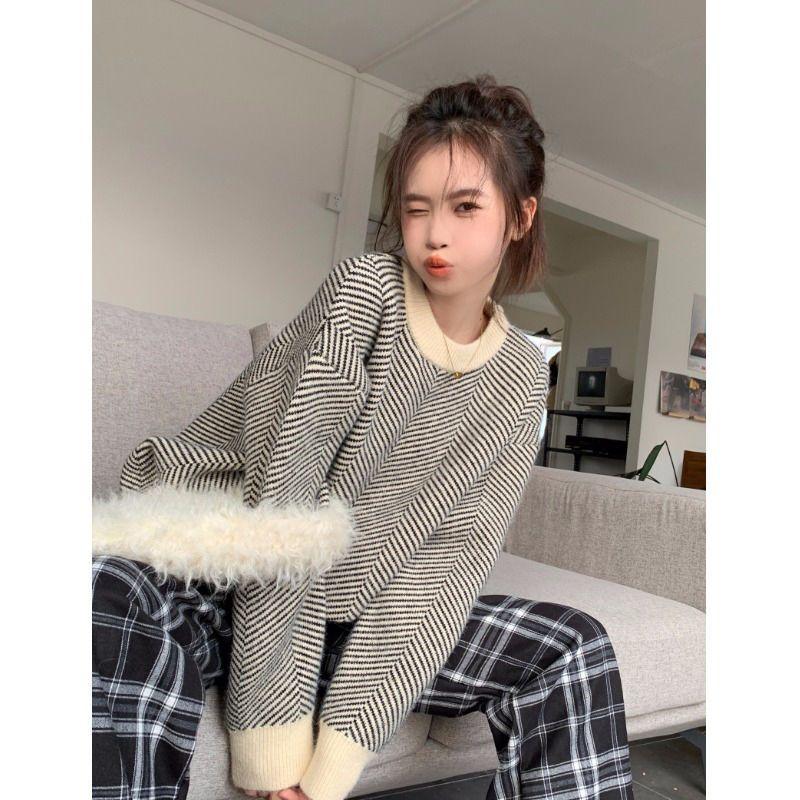 Damen Streifenpullover Herbst und Winter Neues Designgefühl Lockerer und lässiger Stil Strickpullover