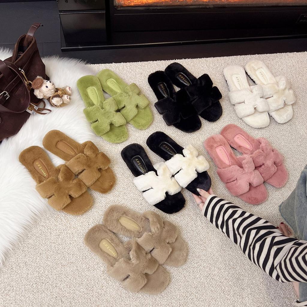 Lazy Fluffy Slippers Women's 2025 Plush New Cotton Slippers Flat Bottom Outer Wear Winter Word Small Fragrance