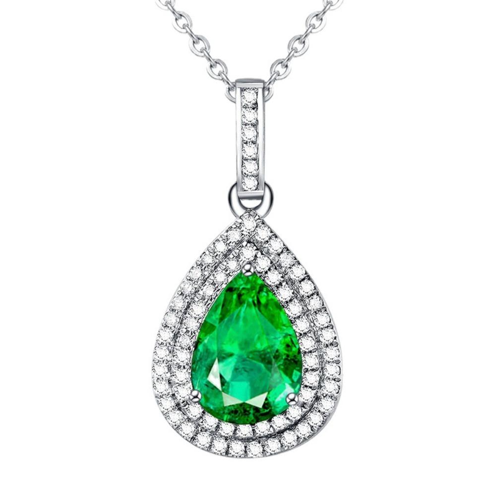 Luxury Pear Shaped Emerald Pendant Necklace 18K Gold Plated with Micro Pave Diamonds for Engagement