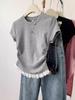 Grey Lace Floral Print Short Sleeve T-Shirt for Women - Spring/Summer 2026 Petite Style