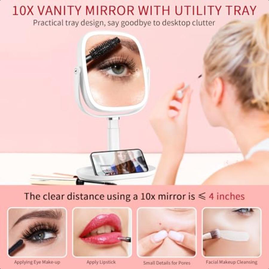 Lighted Makeup Mirror 2600mAh Rechargeable 1x 10x Magnifying Vanity Mirror 8.5 Height Adjustable Makeup Mirror with Lights 3 Co