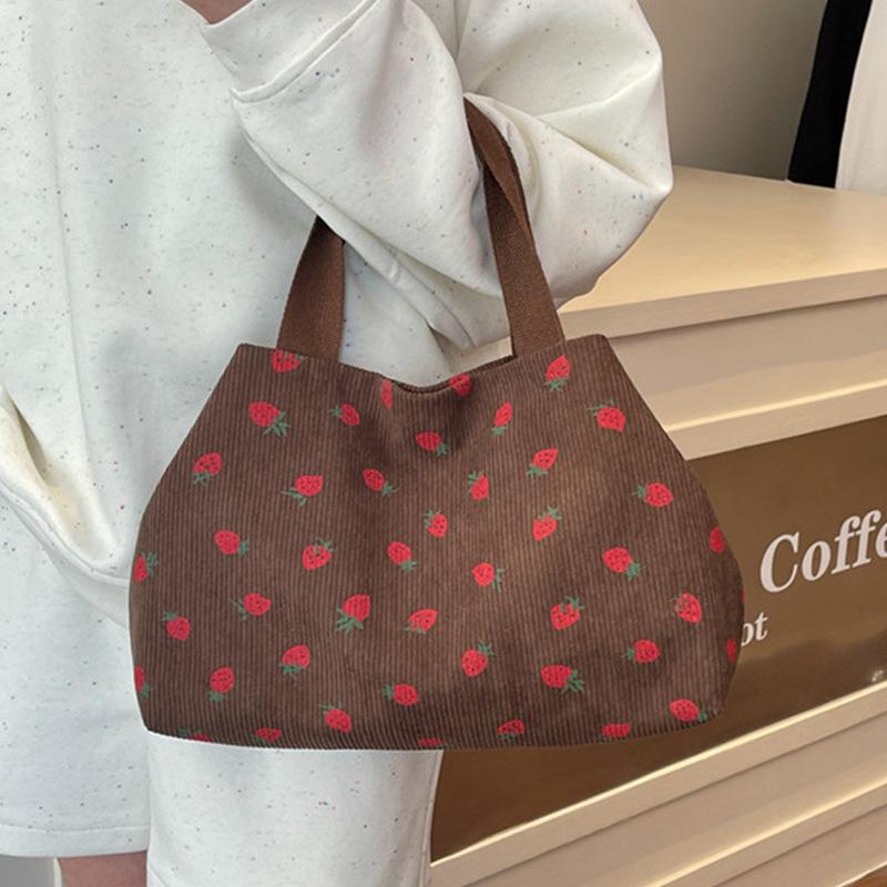 Korean New Strawberry Printed Corduroy Shoulder Bag Small Fresh Literary Tote Bag Girl Travel Shoulder Backpack