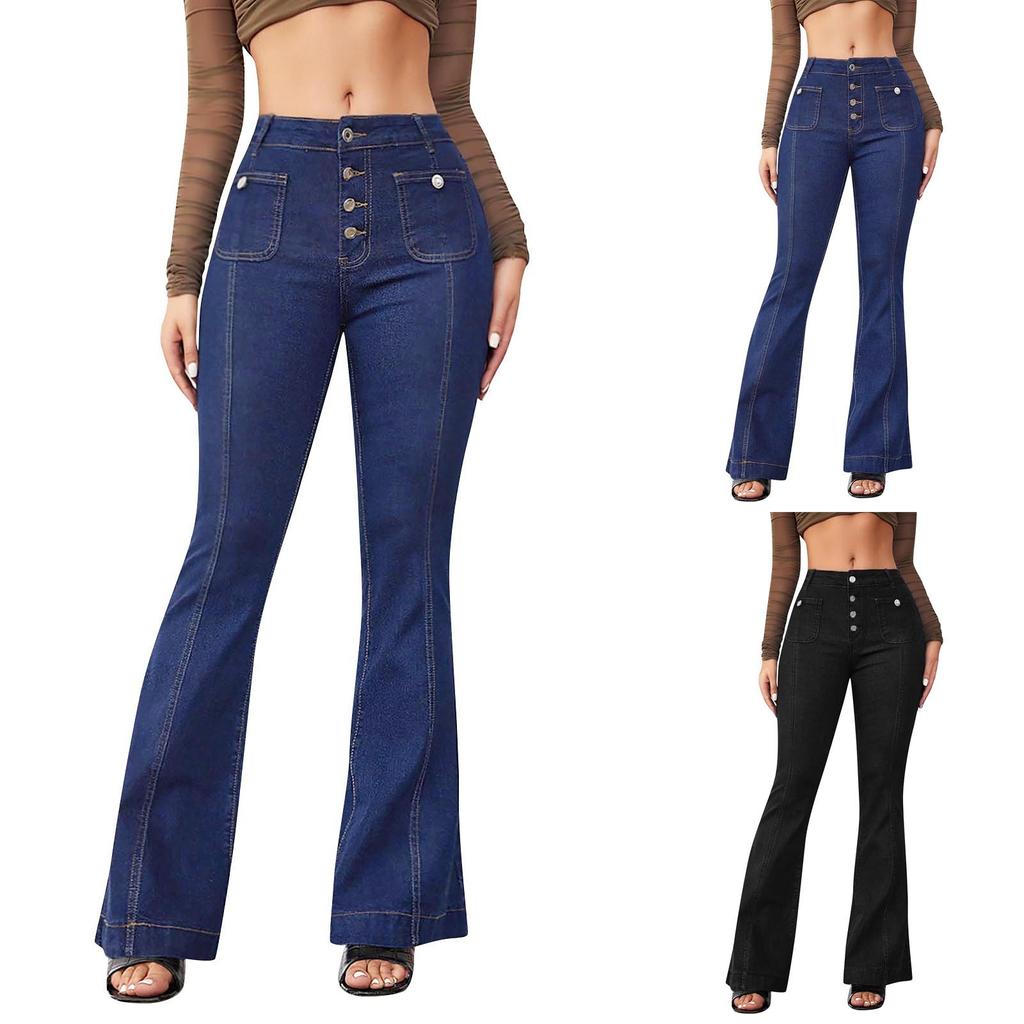 Ladies Fashion Breasted High-Waisted Jeans Ladies Slim Temperament Bell-Bottom Trousers Trousers