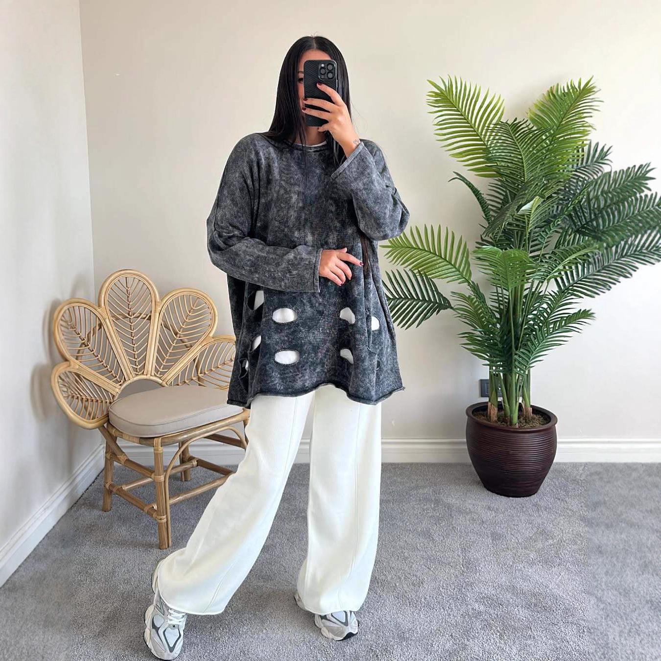 

2025 Autumn Cross-Border Women s Long Round Neck Knit Dress with Ripped Design and Long Sleeves L