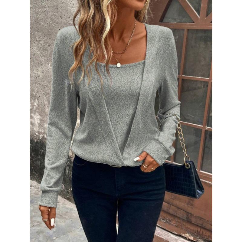 

Осенний женский однотонный свободный повседневный топ с V-образным вырезом и длинными рукавами S серый