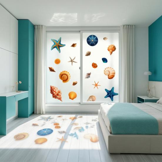 Pegatinas para Ventana de Caracolas y Estrellas de Mar, Adhesivo Impermeable para Ventana con Vida Marina del Océano, Pegatinas Estáticas Reutilizables para Puerta de Cristal, Suministros para Fiestas de Verano