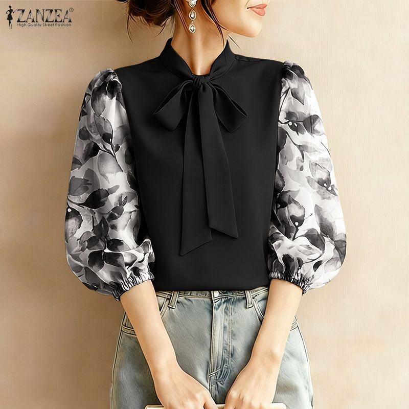 ZANZEA Women Bows Collar Casual Splice 3/4 Sleeve Loose Blouse