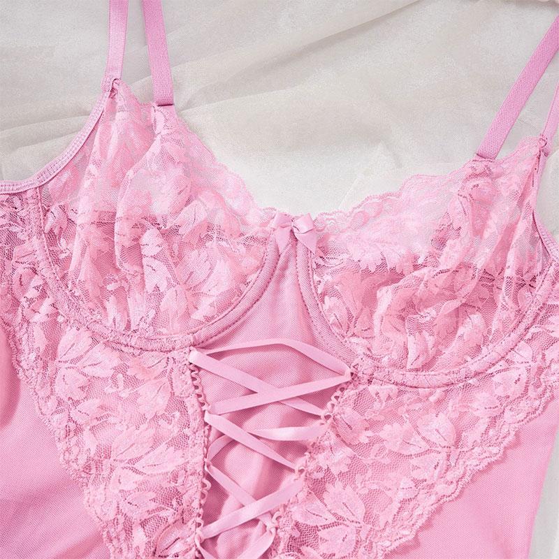 Garter Belt Bra Thong Set Pink Transparent Delicate Lingerie Night Dress Women's Porn Sexy Underwear With Leg Rings Panty Sets