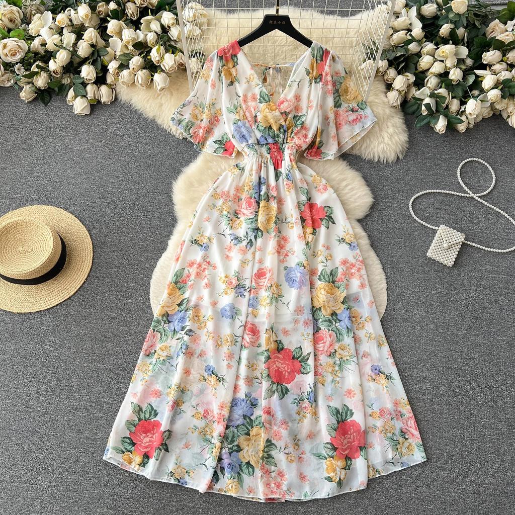 Abito Chiffon Stampato Sle Vacanza al Mare Donna Estate Nuovo Scollo a V Aderente in Vita Snellente Lunghezza Media Ampia Gonna a Ruota Moda
