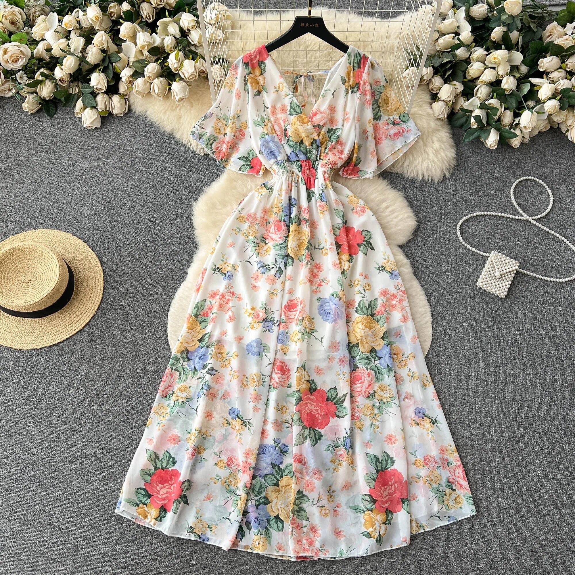 

Морское праздничное шифоновое платье с принтом, женское летнее новое обтягивающее талии с v-образным вырезом средней длины, большая распашная юбка, модная One Size ализарин красный