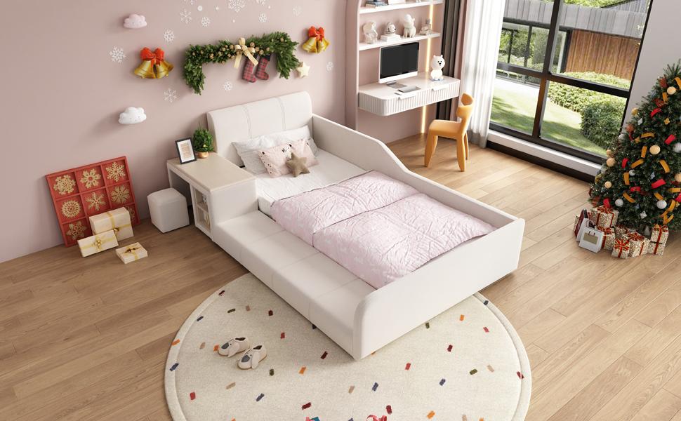 Letto imbottito, Letto singolo con scrivania per bambini e sgabello, Con mensola, Testiera morbida, Letto per bambini con doghe in legno, Velluto, Bianco, 90x200cm