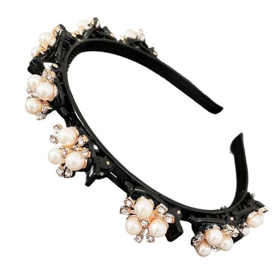 Women Headband Imitation Pearl Flower Decor Double Layer Hair Hoop Stable Non-Slip Hair Braiding Tool