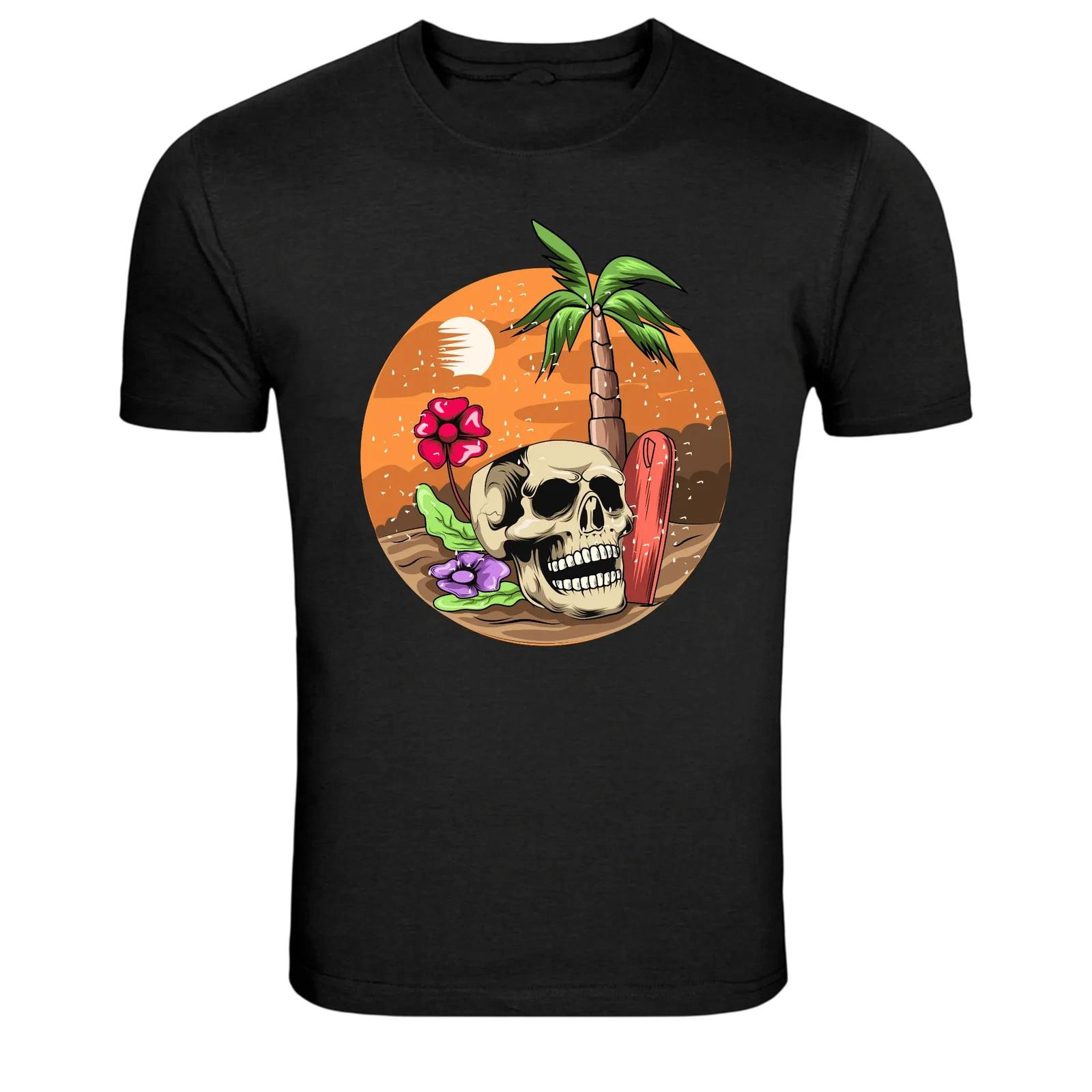 Tropical Beach Skull Surfboard Sunset Graphic T-Shirt 3XL