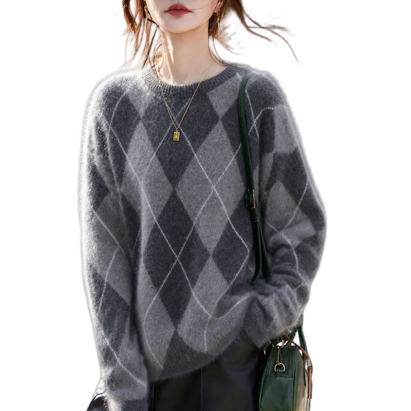 2026 A/W Women's Cashmere Wool Diamond Patchwork Knit Sweater