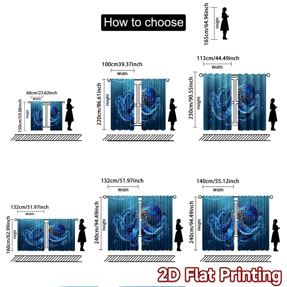 2 ks   2D PLOCHÝ TISK Závěsy (Bez prutu) Vánoční závěsy Deepsea Octopus s digitálním potiskem, pratelné v pračce