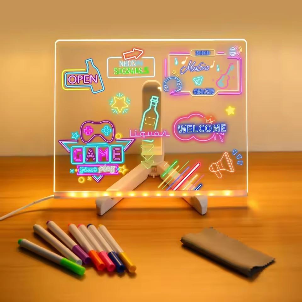 LED Note Board Night Light With Colorful 7 Pens DIY Acrylic Message Board Erasable Painting Drawing Board For Kids Birthday Gift
