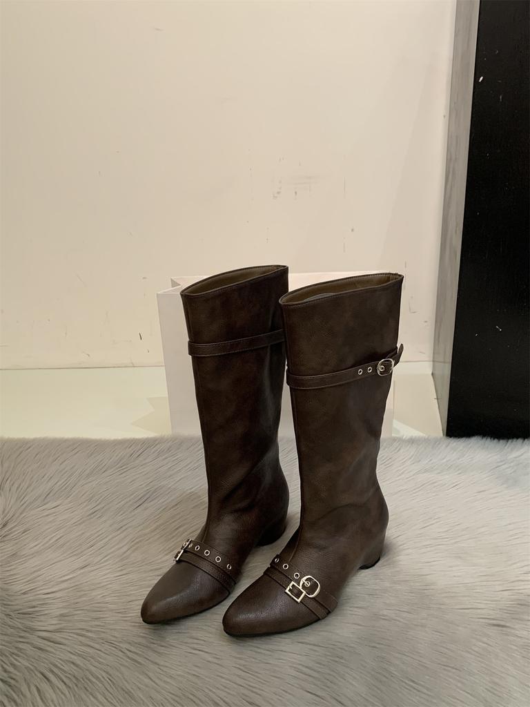 Niche design knight boots medium tube pointed head small man heightening fashion stacking boots long boots women's boots but knee boots