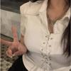 Women's Short Sleeve White Lace-up Short Sleeve Slim Polo Shirt Short Section Thin Fake Two Pieces Top