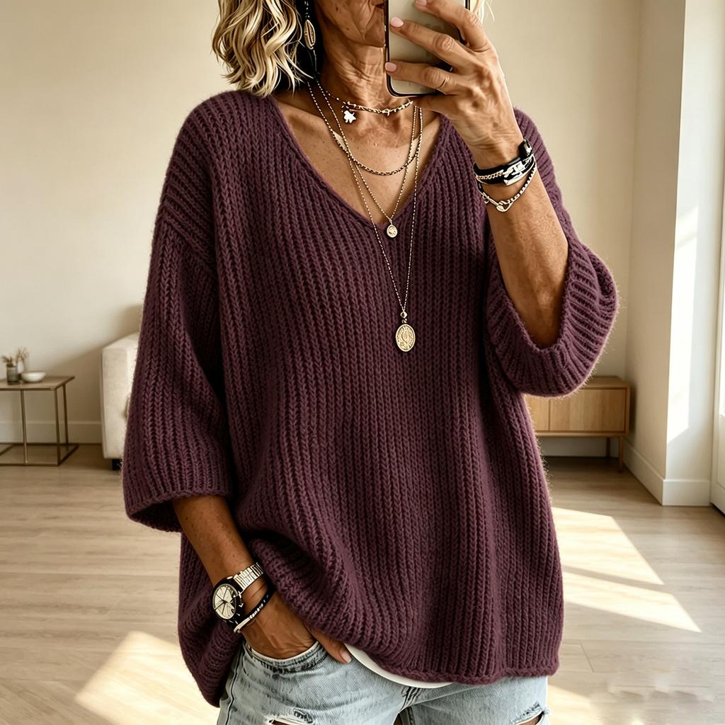 Haut Pull Casual en Maille à Col en V Coupe Ample pour la Détente et le Quotidien