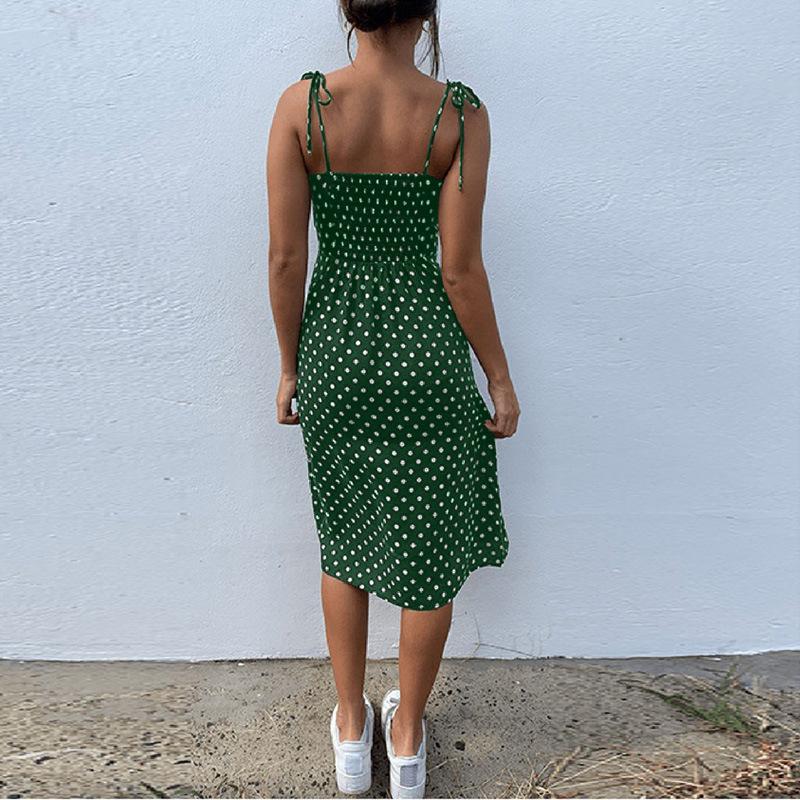 Open Strap Rubber Band Black and White Wave Dot Bifurcation Dress