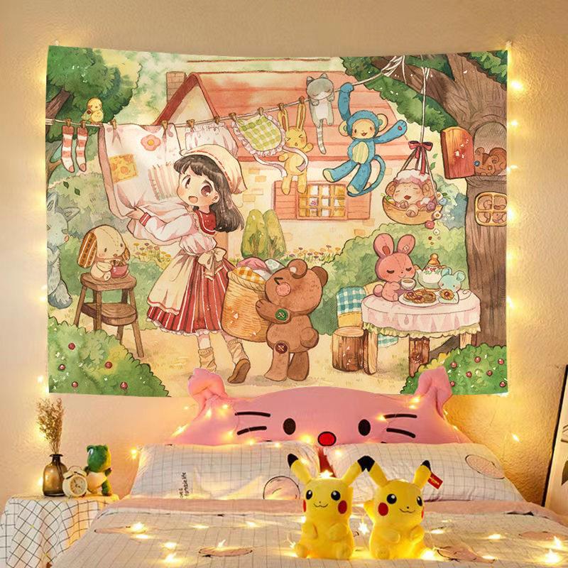 

Cute girl and rabbit tapestry for bedroom decoration wall hanging background cloth headboard tapestry for student dormitories 74x94cm(29x37in)