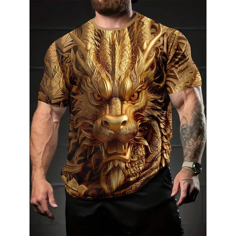 Men's 3D Digital Print Dragon Graphic T-Shirt Casual Short Sleeve Summer Round Neck Tshirts Regular Fit Oversized T Shirt Top
