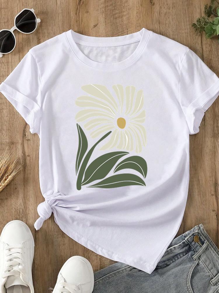 (Asian Size) sweet plant flower Print O-neck Short Sleeve T-shirts Fashion  Casual Women's Top T Female Clothing  Graphic Tee