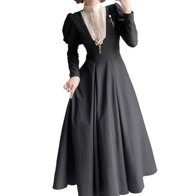 MODKOKU Gothic Lolita Nun Ribbon Lace Dress with Long Gothic Lolita Dreamy Cute French Girly Halloween Split Long Size Suitable for Adults and Winter