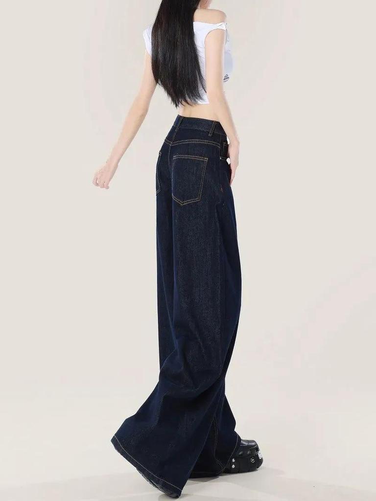 Dark Blue High-Waisted Retro Wide-Leg Jeans - Women's Loose-Fit, Floor-Length Summer/Autumn Pants