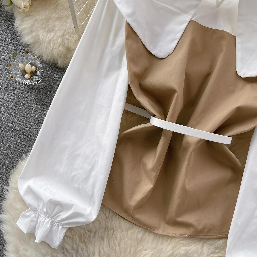 Korean Series Short Shirts for Women, Puff Sleeve Top, Large Lapel, Contrast Color, Patchwork, Early Spring Wear, New Fashion