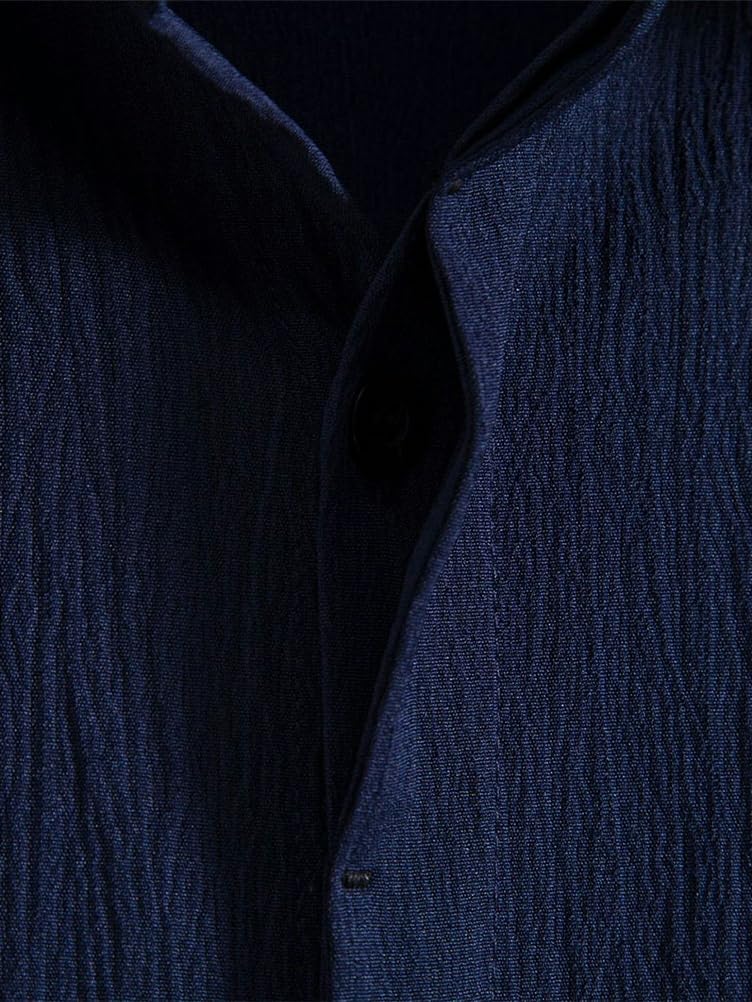 [Minesam] Men's Cotton Linen Shirt, Short Sleeve, Cool, Summer Wear, Relaxed Fit, Plus Sizes (Navy, L)