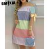 GMXIA Women Fashion Off Shoulder Dress Short Sleeve Bow Tie Print Dresses Summer Beach Dresses Plus Size