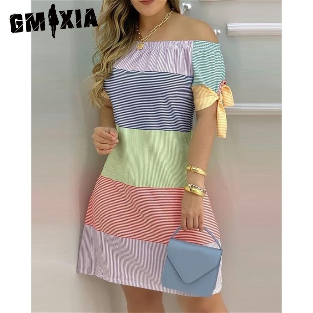 GMXIA Women Fashion Off Shoulder Dress Short Sleeve Bow Tie Print Dresses Summer Beach Dresses Plus Size