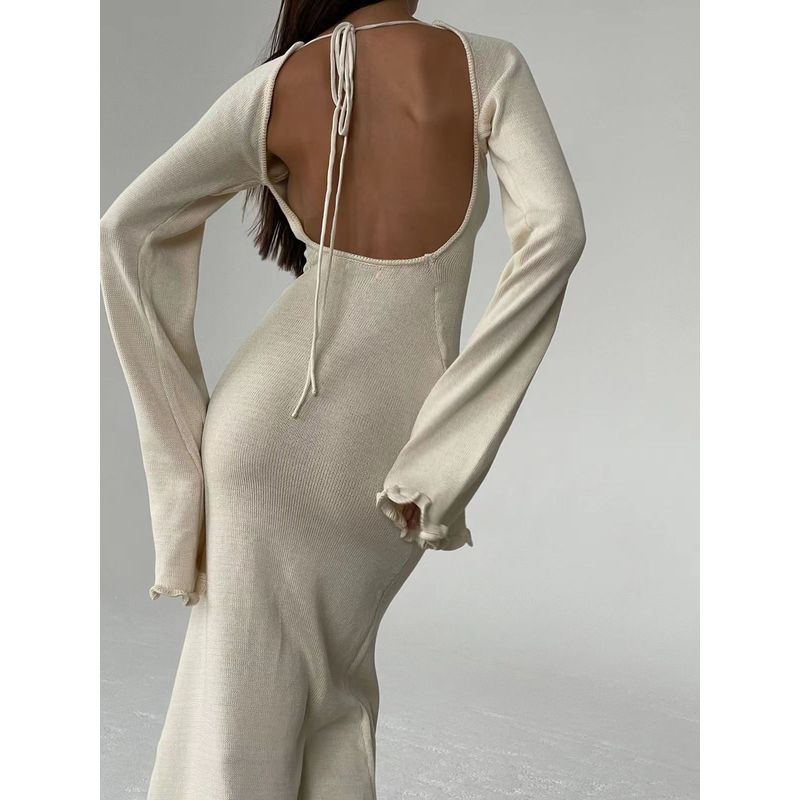 

European and American Sexy Open Back Tie-Neck Flared Sleeves Knitting Dress Sexy Knitted Backless Dress Apricot color S