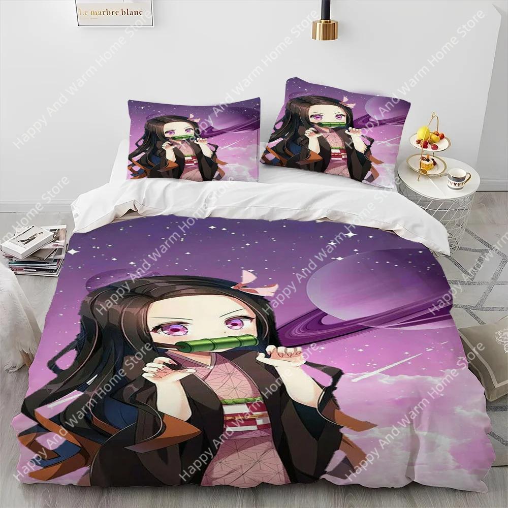 Demon Slayer Beding Set Kamado Nezuko Soft Duvet Cover Set Bedspread Pilowcase King Quen Ful Single Sized Dimensions Bed Linen Young Boys Ten Gift