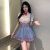 Summer New Women'S Maidservant Dress Blue Plaid Sexy Cute Sweet Lolita Temptation Bowtie Decoration Lace Perspective Dress Kwq2