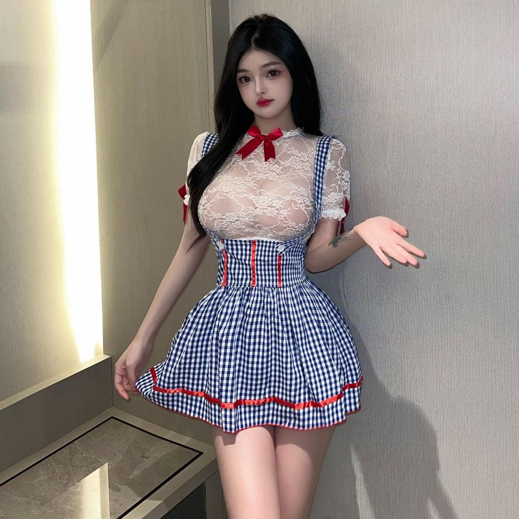 Summer New Women'S Maidservant Dress Blue Plaid Sexy Cute Sweet Lolita Temptation Bowtie Decoration Lace Perspective Dress Kwq2