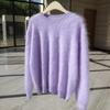 Women's 100% Pure Goat Cashmere Flocked Round Neck Sweater - Long Sleeve Solid Color Pullover