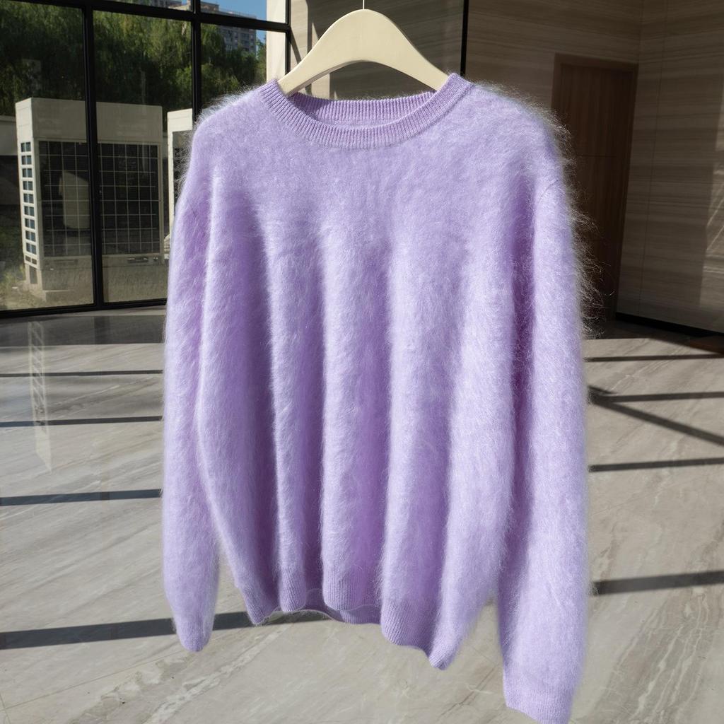 Women's 100% Pure Goat Cashmere Flocked Round Neck Sweater - Long Sleeve Solid Color Pullover