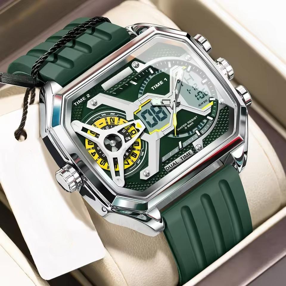 Men Clock LED Calendar Week Luminous Wristwatch Electronic Rectangle Silicone Strap Quartz Watch
