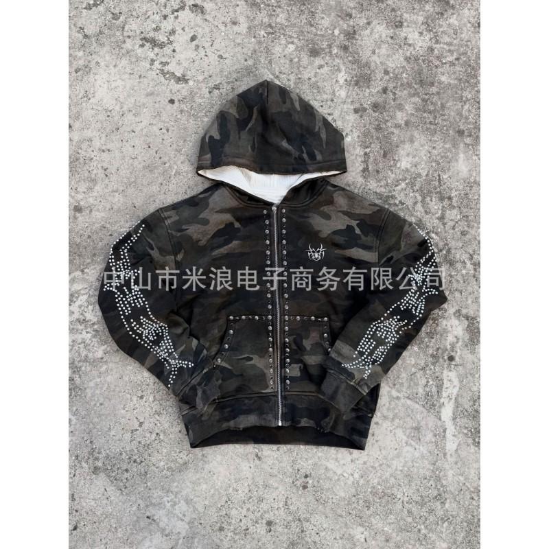 Oversized Hooded Sweatshirt With 3D Camo Print Rhinestone Embellishment Unisex Streetwear