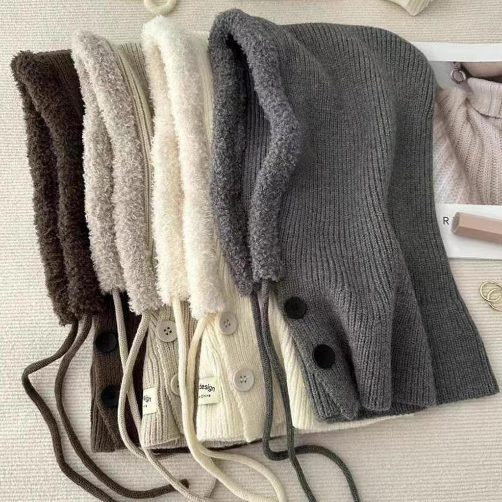 Women Wool Knitted Balaclava Hat Retro Solid Color Ear Warmer Hooded Cap Korean Girl Windproof One-piece Neck Collars Bonnet
