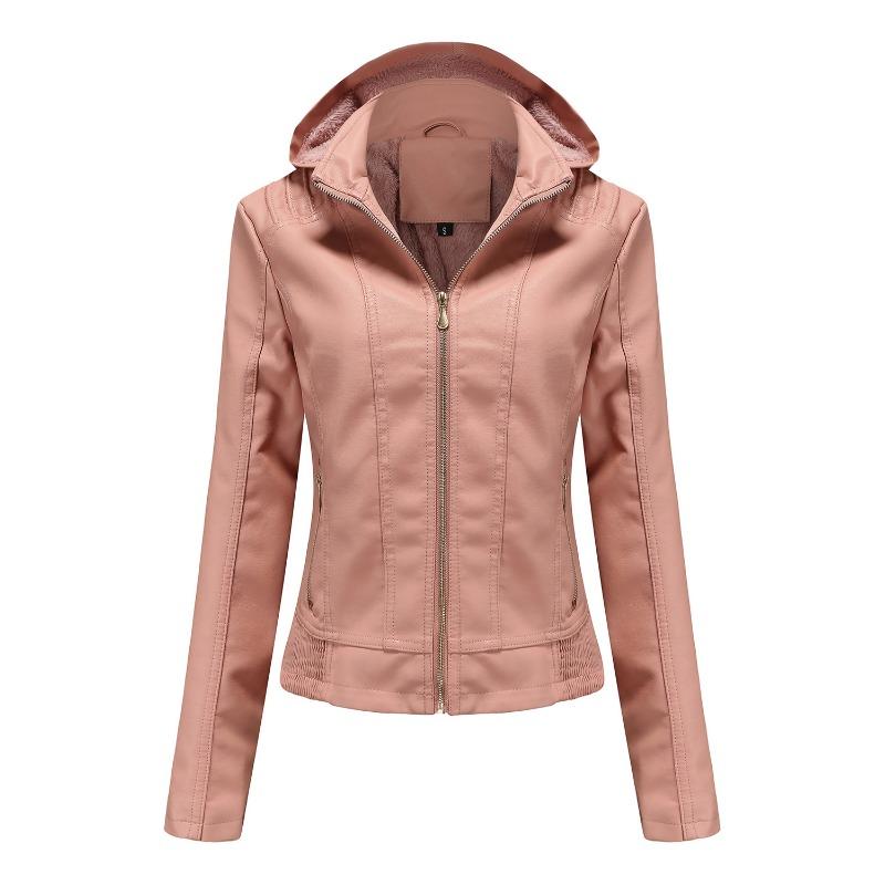 Herbst- und Winter-Lederjacke mit Kapuze für Damen, abnehmbare Kapuze, Reißverschluss, lange Ärmel, Fleece-Lederjacke, Slim-Jacke