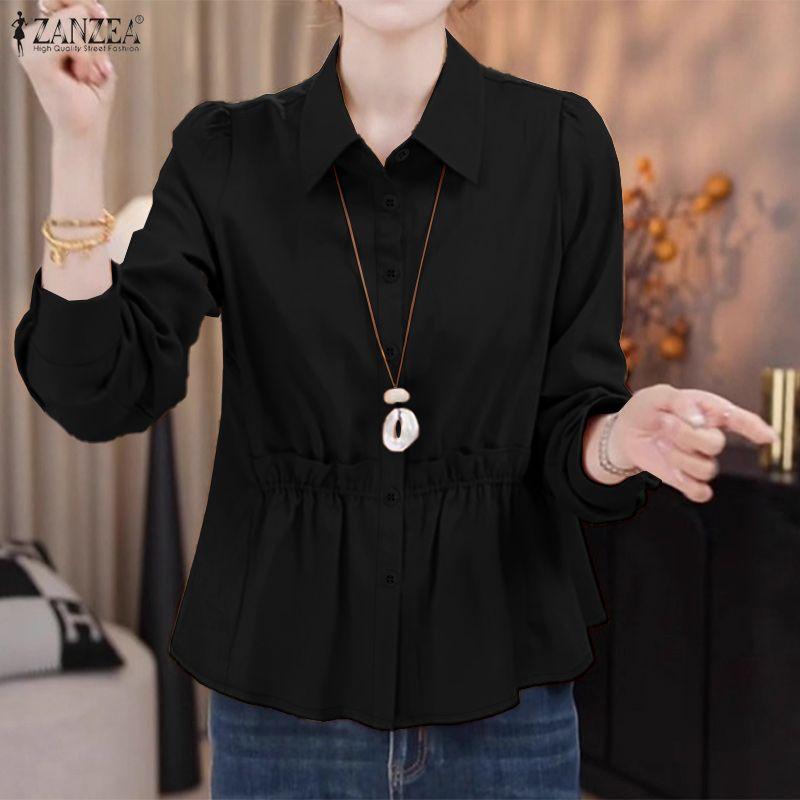ZANZEA Women Casual Turn Down Collar Solid Color Long Sleeve Blouse