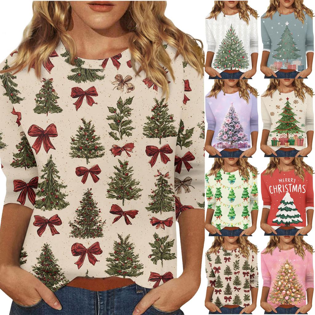 Women's O-Neck 3/4 Sleeve Christmas Print Top