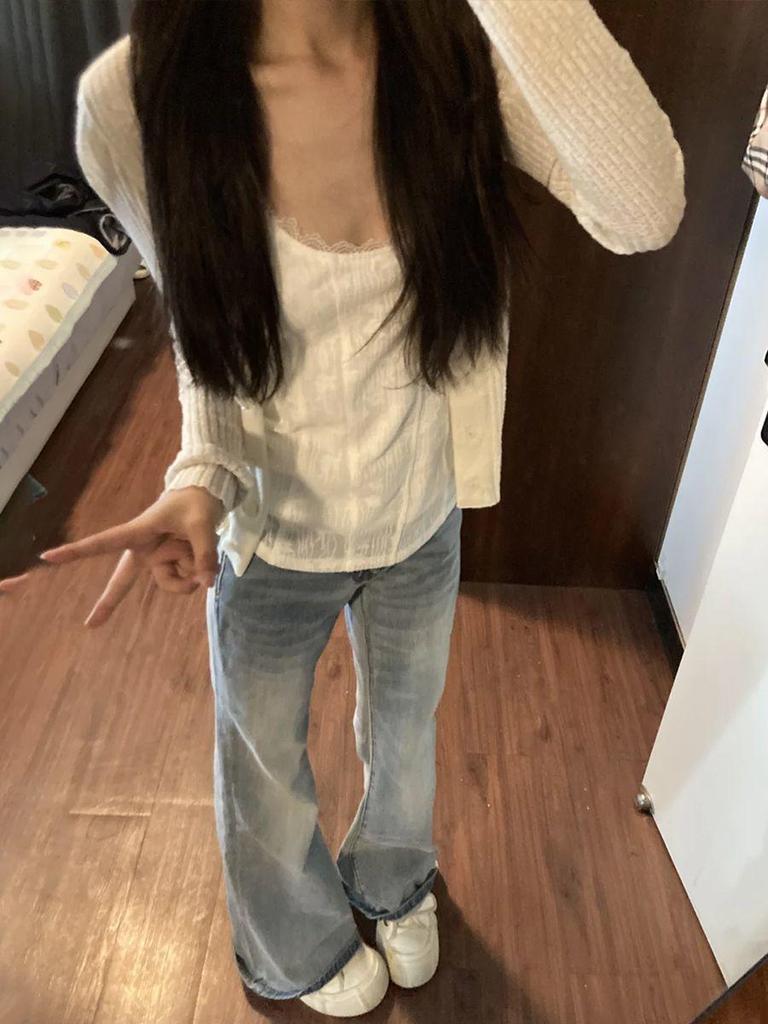 Light Blue Plush High-Waisted Micro-Flare Jeans for Women - 2025 Spring/Autumn Loose Fit Floor-Length Bell Bottoms